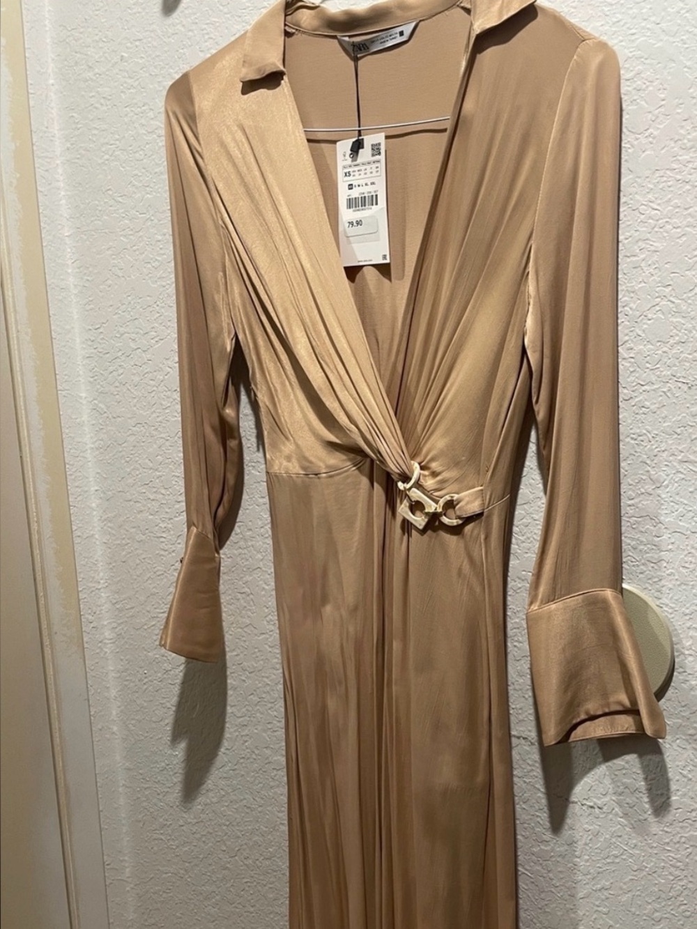 Zara Long-Sleeve Satin Wrap Maxi Dress in Beige